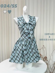 Summer Old Money Korean Cute Core Mori Girl Vintage Sleeveless Shirt Dress Women Plaid Preppy Frocks 2000s Aesthetic Party Gyaru