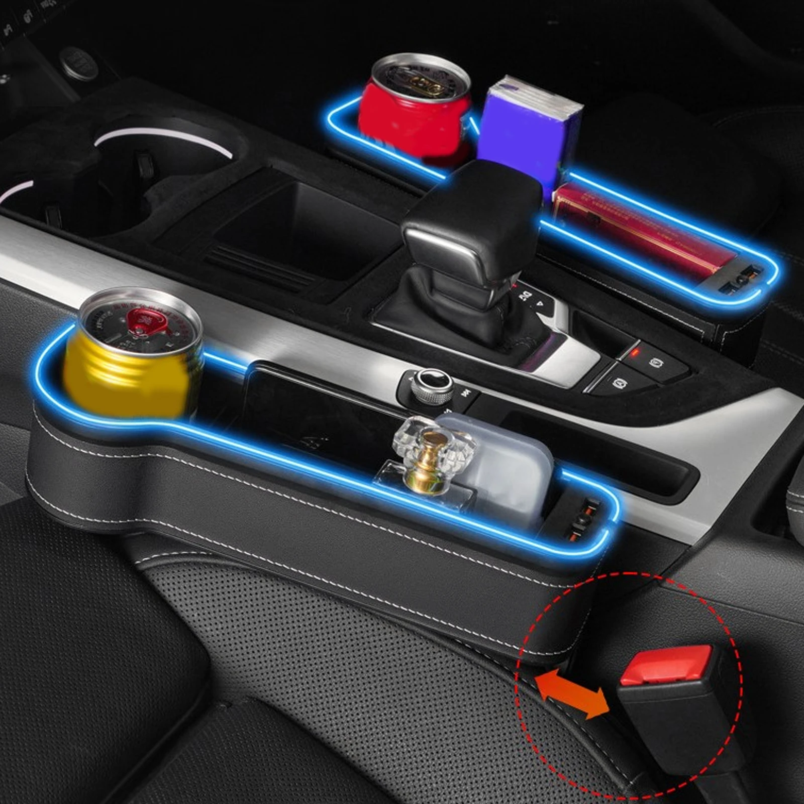 

Dual USB Charging Car Crevice Storage Box Colorful LED Seat Gap Slit Pocket Catcher Seat Organizer Card Phone Bottle Cups Holder