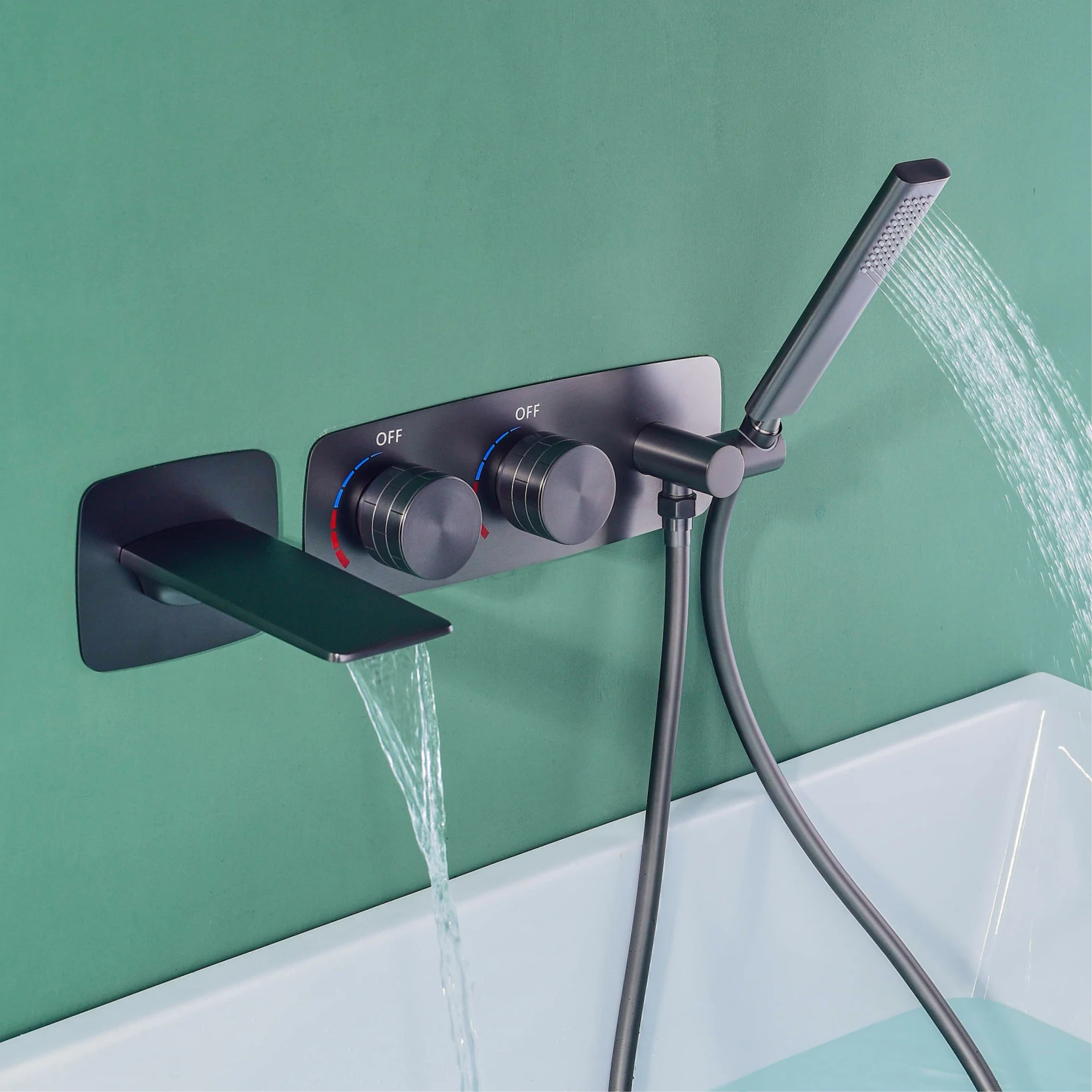 Grifo de baño de latón gris pistola de lujo, diseño montado en la pared, dos asas, doble control, cascada, bañera, frío y caliente