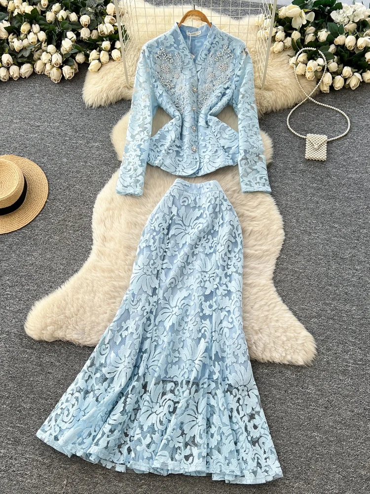 

Elegant Lace Beaded Hollow out Two Piece Set Women's High Waist V Neck Top High Waist Skirt Autumn Fashion Ensemble