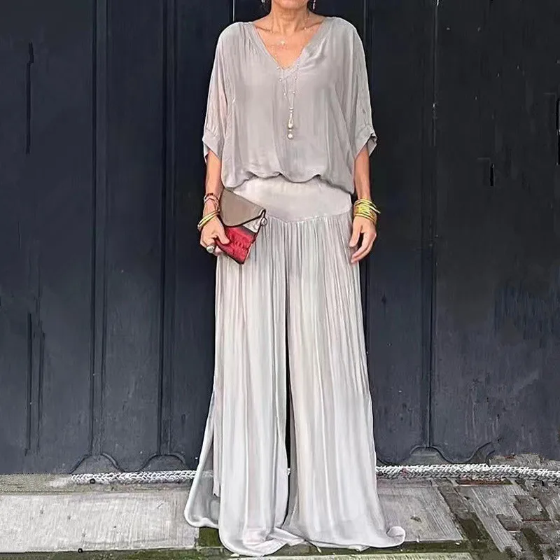 

Elegant Vintage Casual Chiffon Women Two-piece Set Wide-leg Pants Suit 2024 Summer V Neck Half Sleeve Solid Loose Outfit