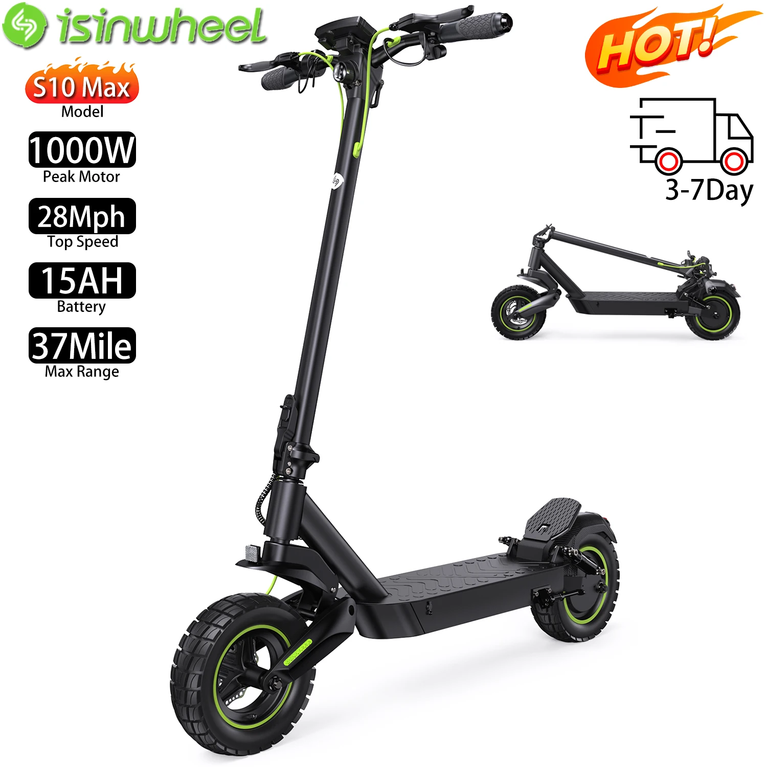

Electric Scooter For Adults Isinwheel S10 Max 10" 1000W Motor Top Speed 28Mph 48V 15AH Range 37Miles Foldable City E-Scooter