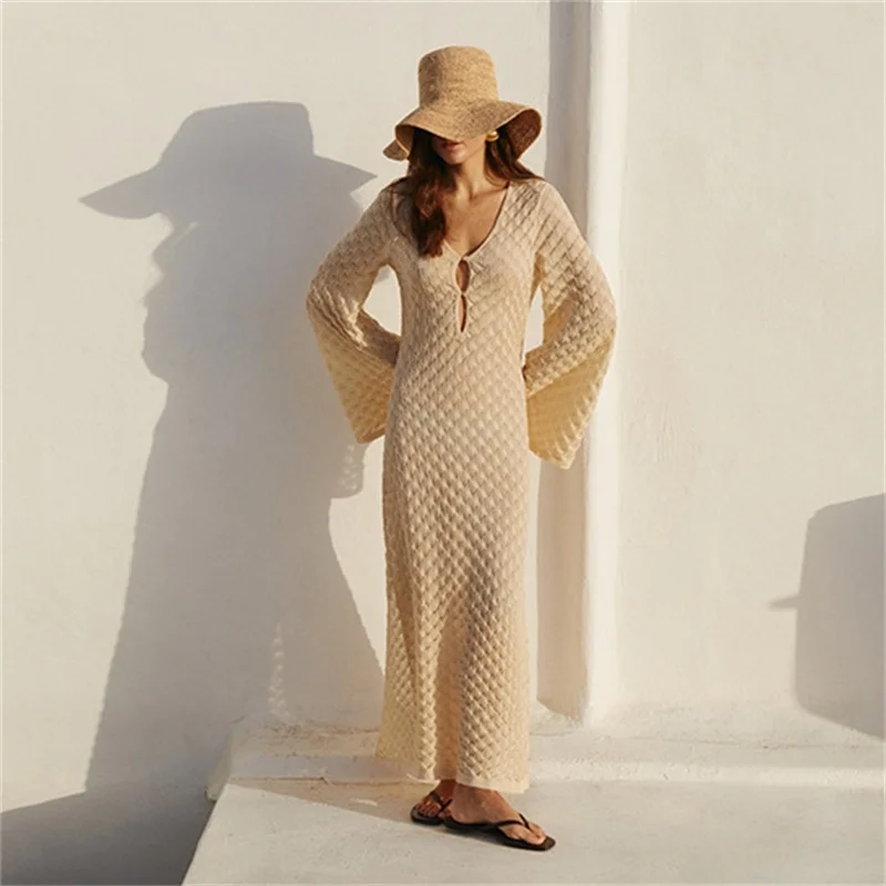 

Swimwear Sexy Swimsuit Sarong, beach cover up, Summer Crochet bikini cover-ups , Women Deep V Long Sleeve Knit Dress Female