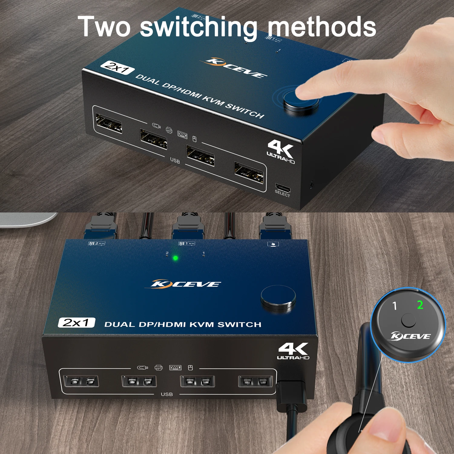 KCEVE Dual Monitor KVM Switch HDMI Dan DP 2 Port 4K @ 60Hz HDMI DP diperpanjang Display Switcher untuk 2 komputer berbagi 2 Monitor