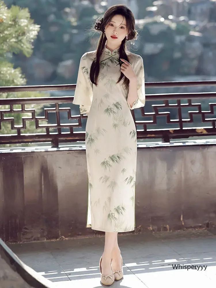 

China Style Cheongsam Young Girl Summer New Simple Elegant Temperament High-end Long Qipao Women Vintage Tradition Dress