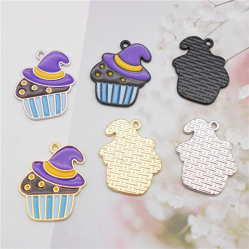 Julie Wang 6PCS Enamel Halloween Cake Charms Cartoon Wizard Hat Cake Pendants Alloy Necklace Bracelet Jewelry Making Accessory