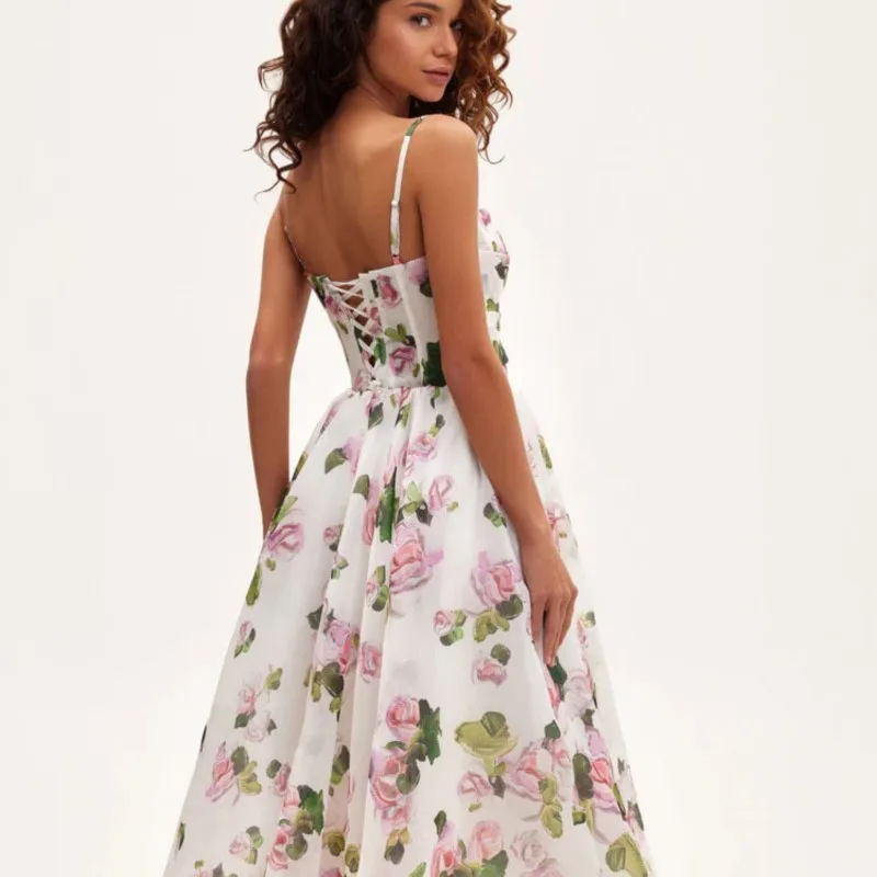 Abito estivo con bretelle con stampa floreale 2025 Abito elegante in chiffon a vita alta senza maniche Nuovo abito da ballo da sera