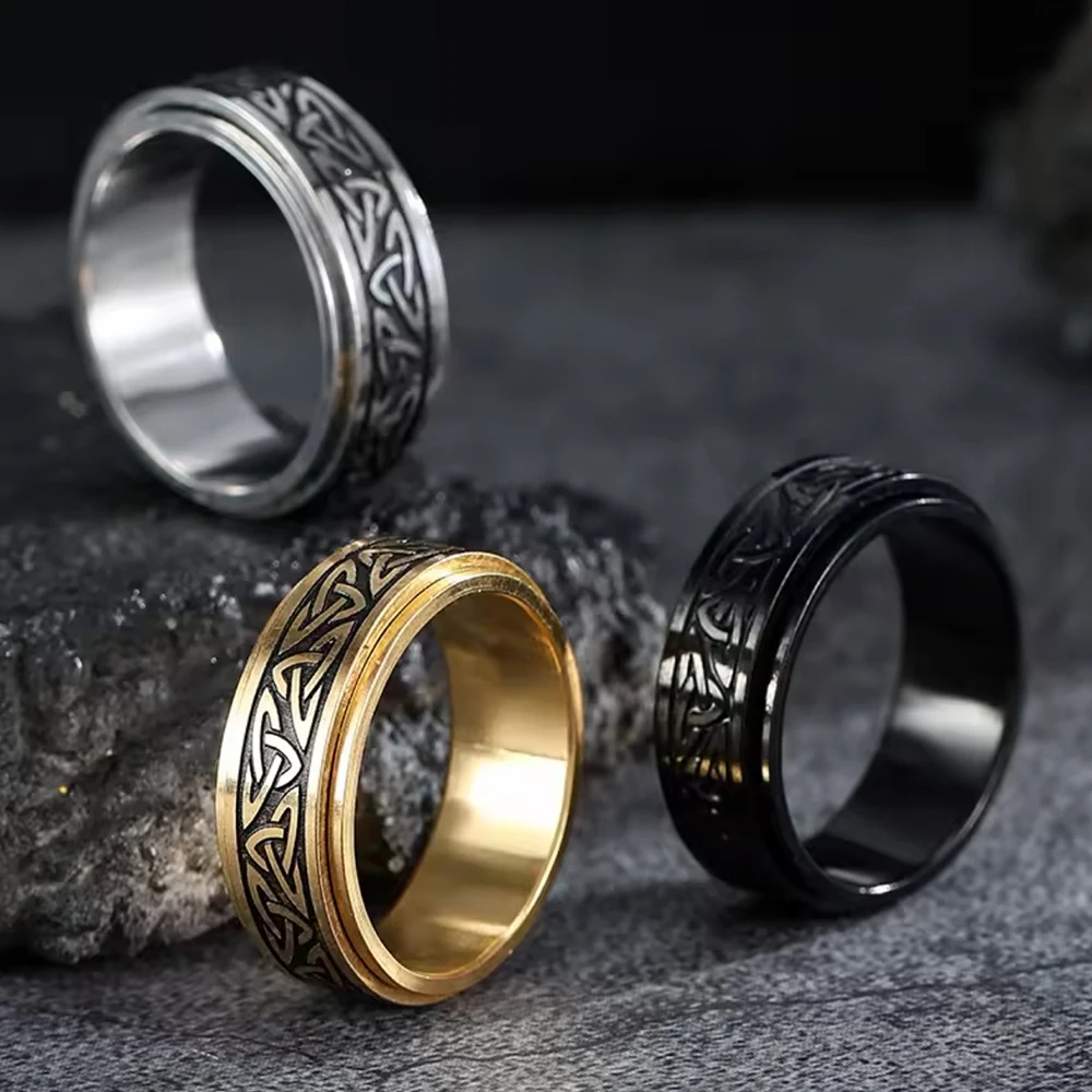 

Fashion Titanium Steel Ring With Pattern Of Celtic Triangle Knot, Men's Rotatable Ring Jewelry For Releasing Pressure