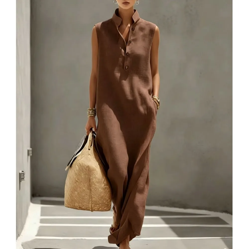 Elegant Women's Sleeveless Linen Blend Maxi Dress Button Down Collared Long Dress Casual Loose Summer Beach Vacation Boho Outfit