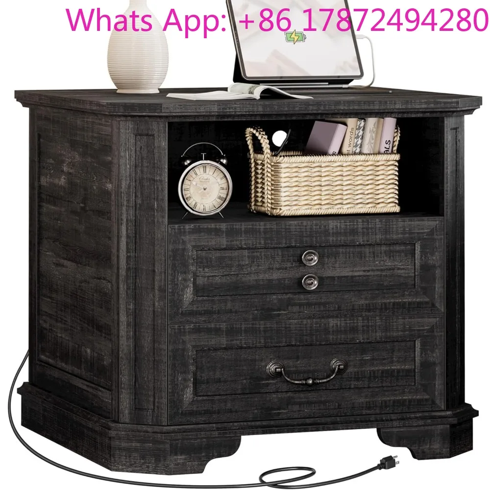 Farmhouse End Table with Charging Station, Large Sofa Side Table with 2 Drawers