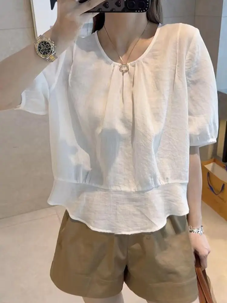 

Stylish Cotton Linen Short Sleeve Shirt Women's Summer Fashion Casual Loose Fit Pure Color Stand Collar Top Korean Version