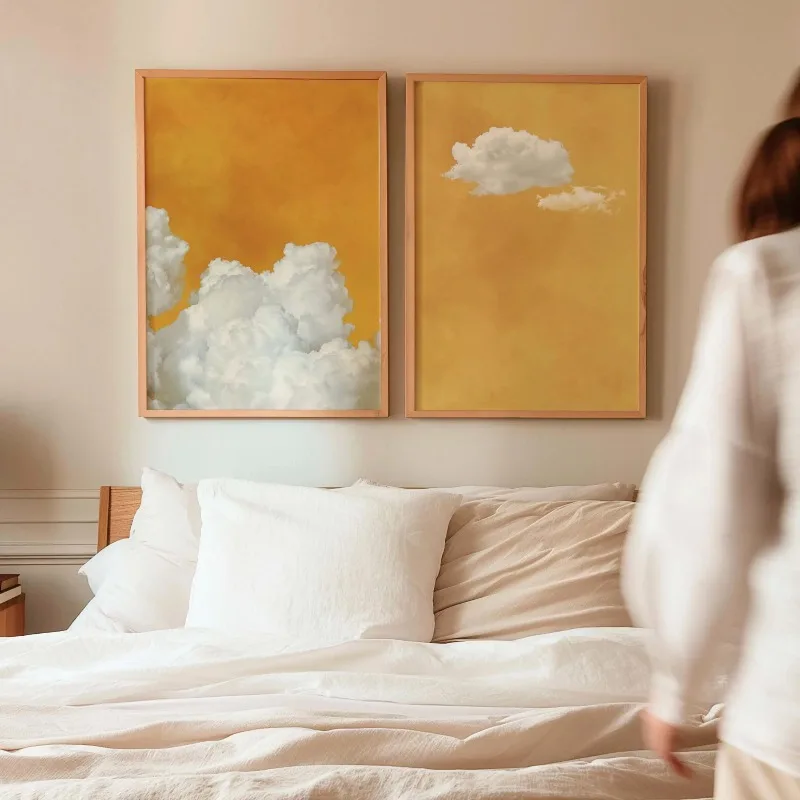 Abstract YellowBackground White Cloud Canvas Poster Neutral Sky Wall Art Nordic Home Living Room Bedroom Interior Decor Unframed