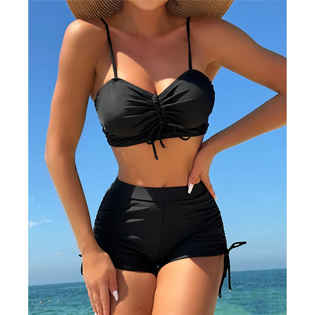 Geknitterte, geknotete Shorts, Bikini mit hoher Taille, Damen-Badeanzug, zweiteiliges Bikini-Set, Badebekleidung, Badeanzug, Schwimmanzug V6197 – Detail 12