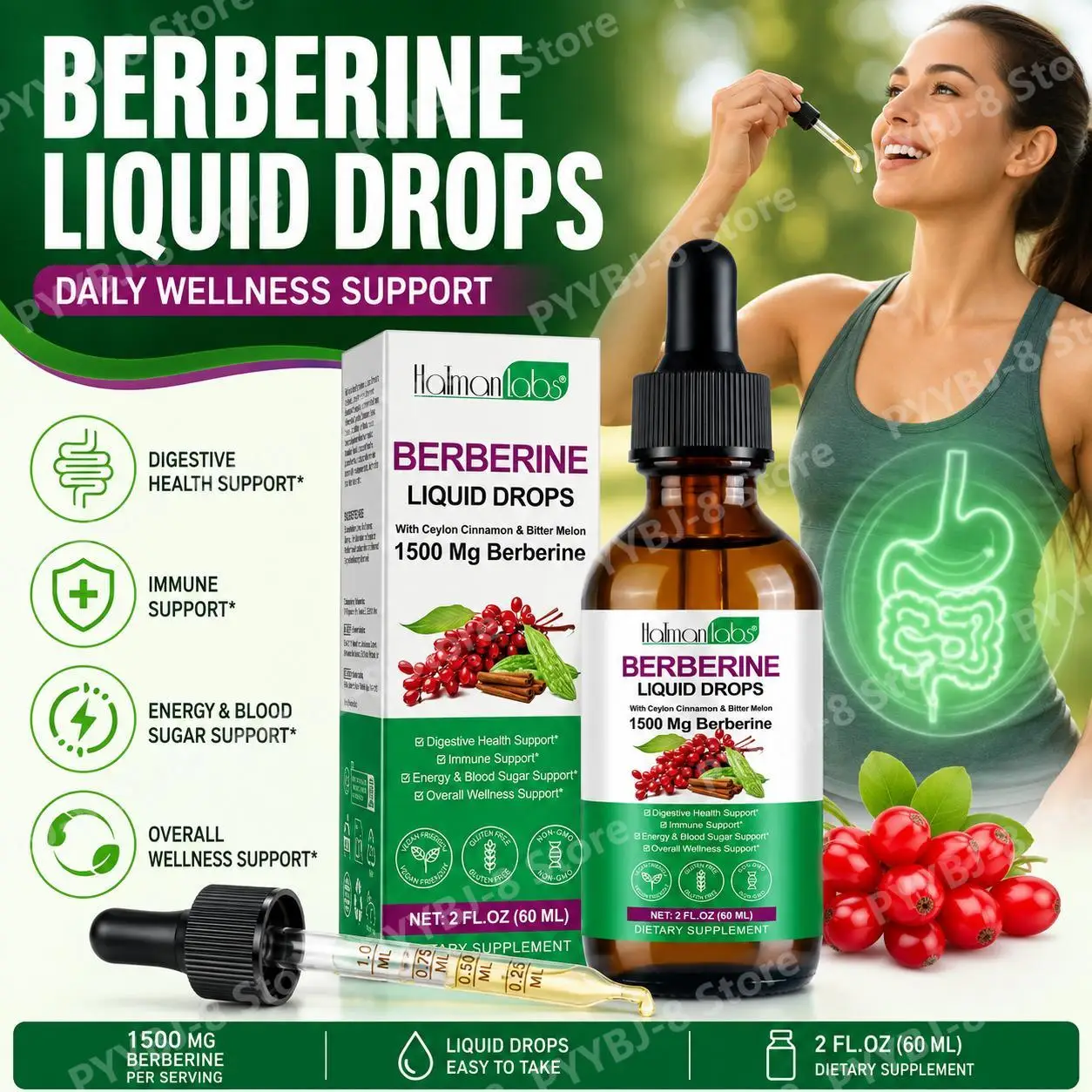 Holmanlabs Berberine Liquid Drops with Ceylon Cinnamon and Bitter Melon, Digestive Health Support, 1500 Mg, Vegan Non-GMO, 60 ML
