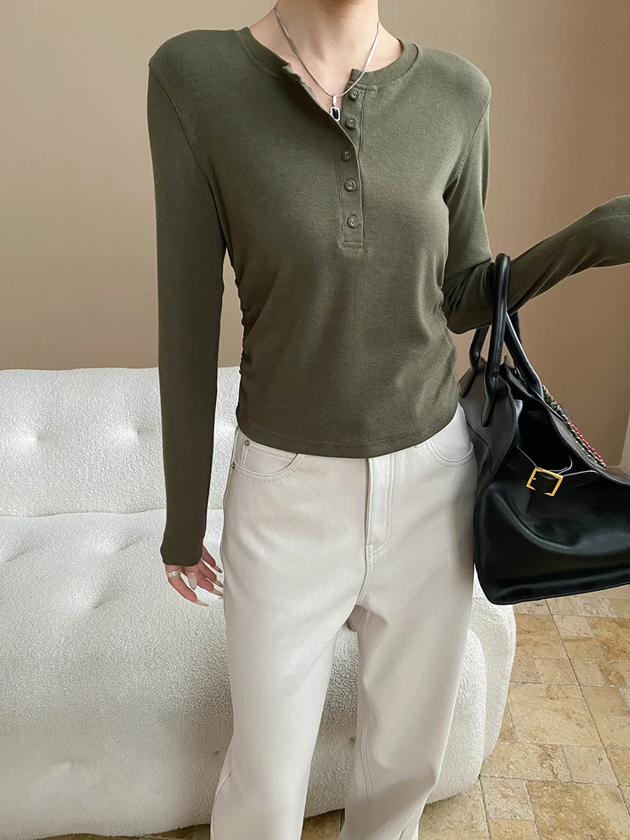 

Women's casual solid color button half placket front shoulder Henry collar T-shirt