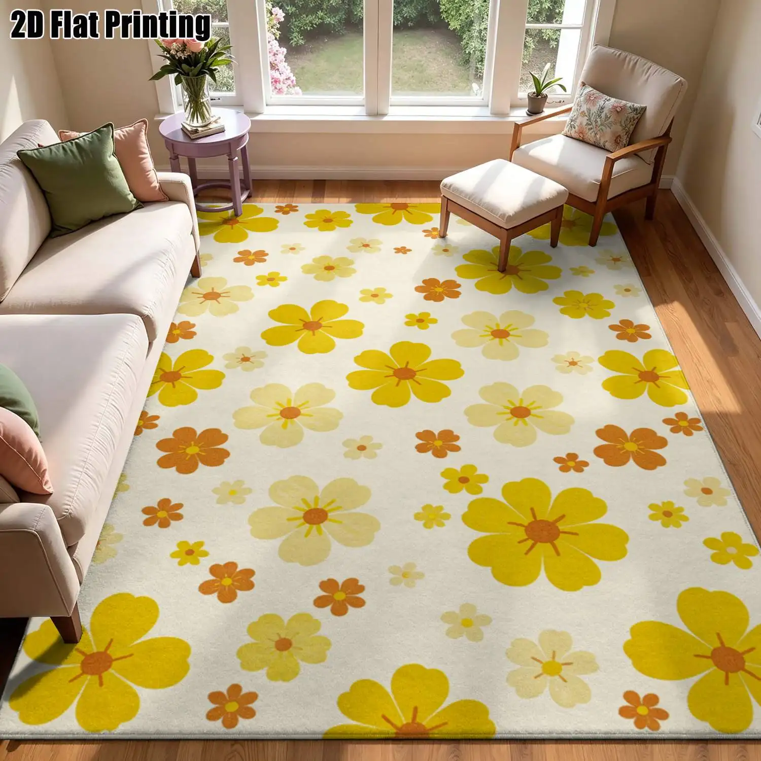 1Pc 2D Printed Yellow Flower Pattern Nordic/Instagram/Modern Minimalist Carpet, Machine Washable, Multi-Size, Suitable for Home Decor as Entrance/Dining Room/Foyer/Living Room/Bedroom/Study Mats