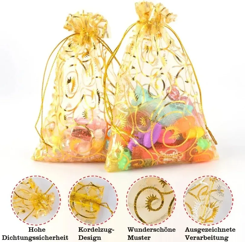 10/100pcs Organza Mesh Drawstring Bag Gold Gift Bags Jewelry Rattan Pouches Wedding Party Couple Christmas Gifts Candy Bags