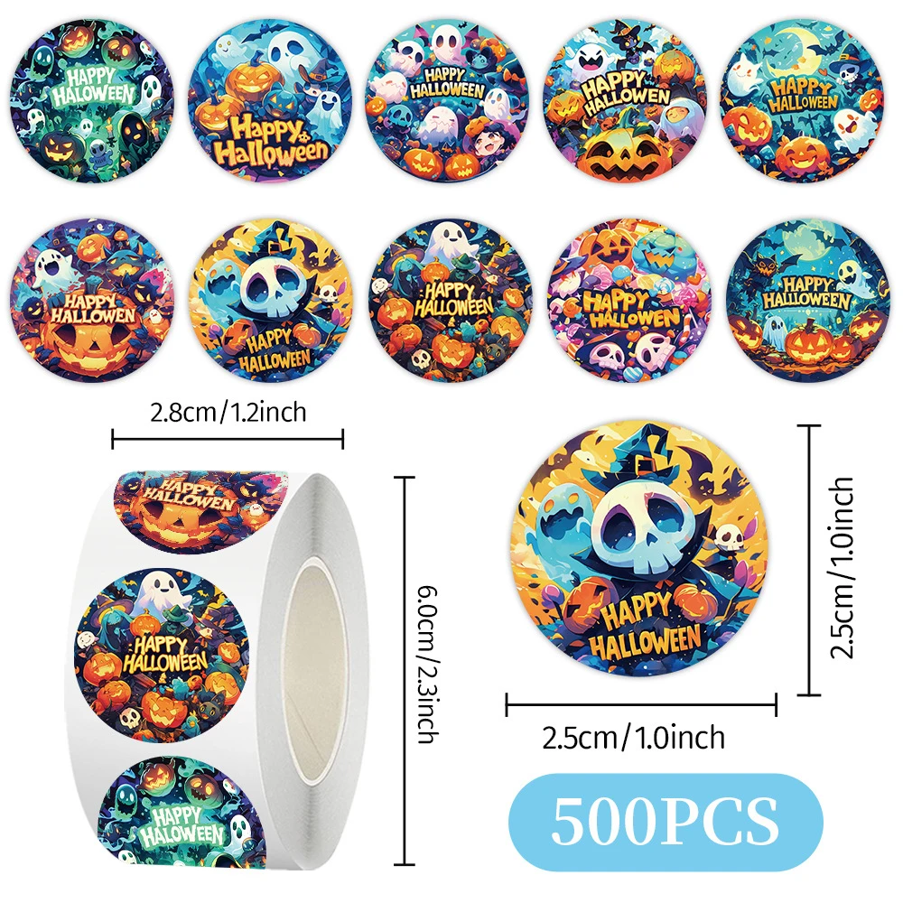 500pcs/Roll Cartoon Halloween Ghost Pumpkin Stickers Funny Decoration Sealing Sticker Label DIY Laptop Guitar Reward Decals Toy