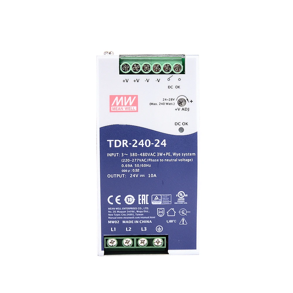 Original Mean Well TDR-240/480/960 Series Meanwell 24V/48Vdc Three Phase Industrial DIN Rail with PFC Function Power Supply