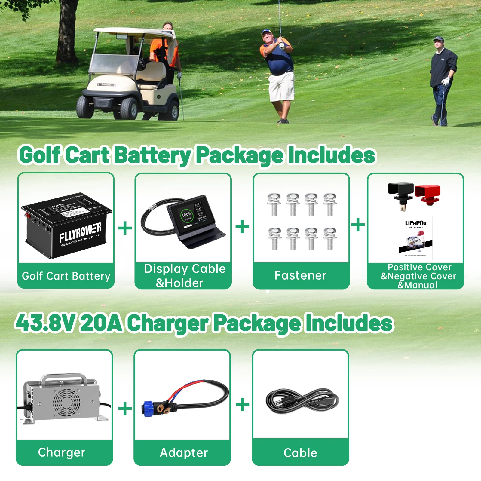 FLLYROWER 36 فولت 105ah جولف سيارة LiFePO4 بطارية ليثيوم مع شاحن 200A BMS بلوتوث 8000 + دورات لعربة جولف نادي السيارات EZGO