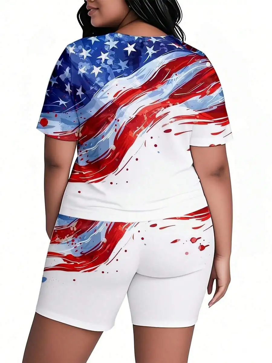 

Women Short Sleeve Shorts Set American Flag Print Casual Outfit