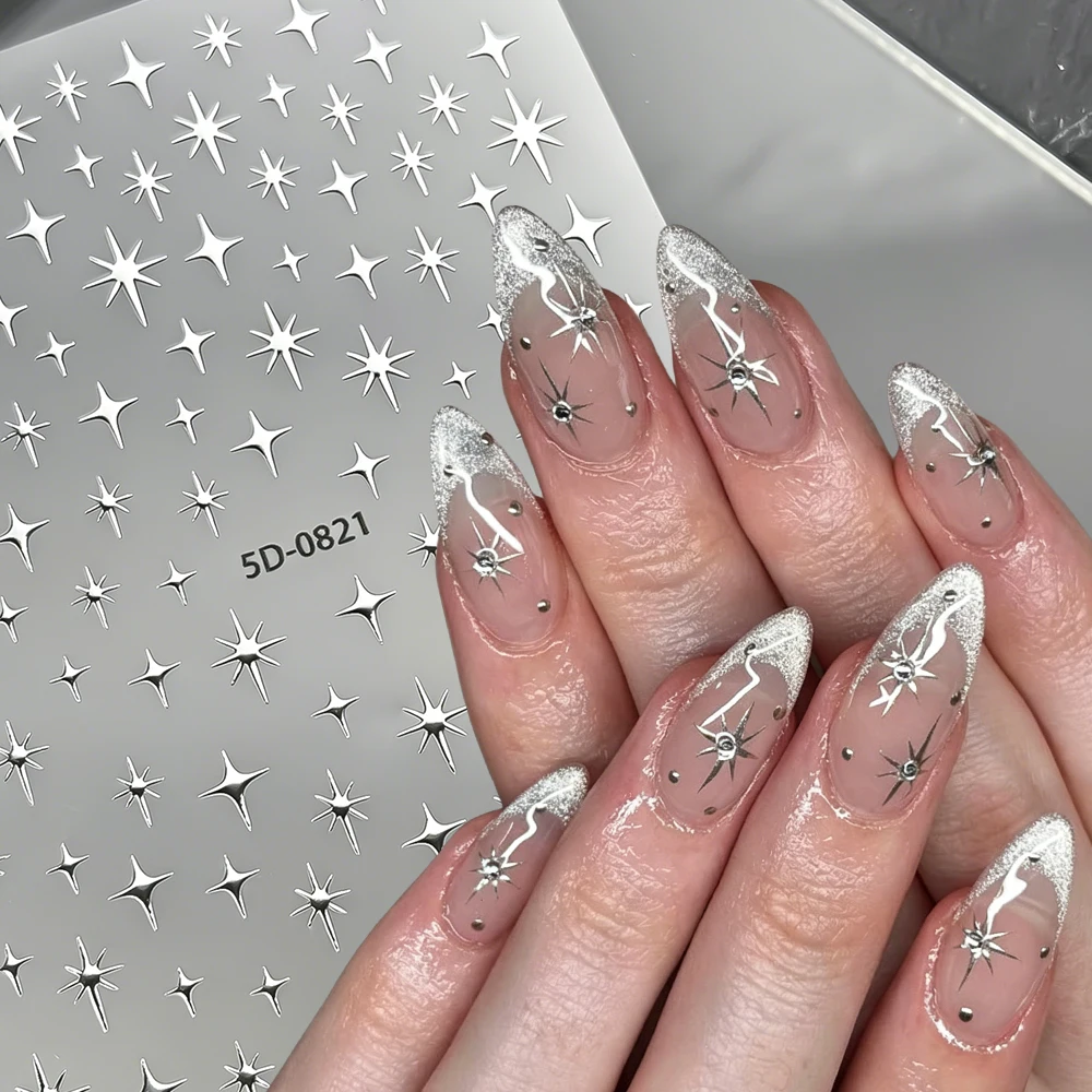 1 unidad de pegatinas para uñas con efecto estrella plateada brillante, calcomanías metálicas 5D con efecto espejo plateado de cruz y estrella, decoración deslizante para manicura estilo Y2K con efecto estrella explosiva
