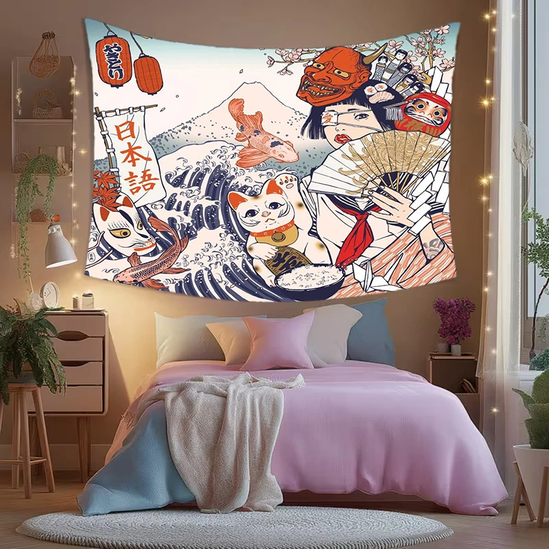 1PC Digital Printed Tapestry Wall Hanging, Japanese Ukiyo-e Lucky Cat Fox Mask, Traditional Japan Culture Wall Decor