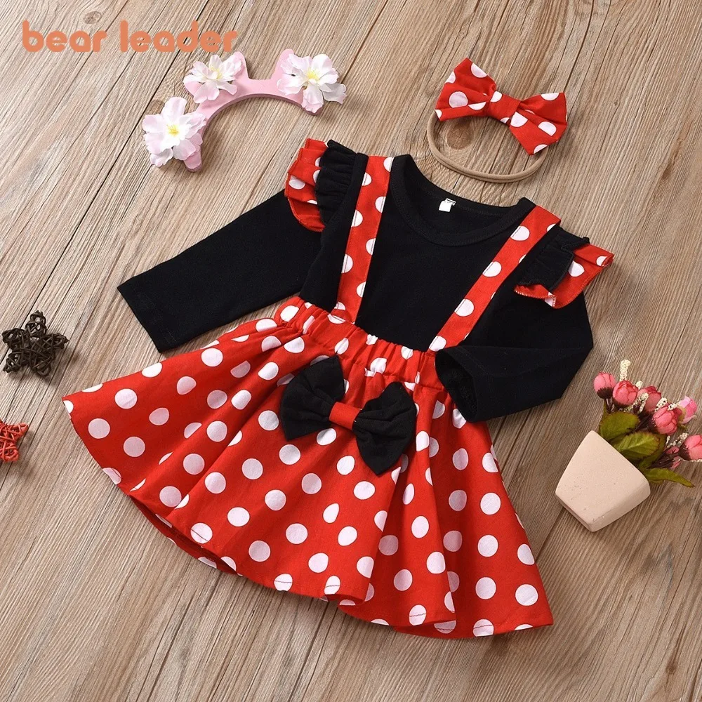 

Bear Leader Christmas Girls Clothes Autumn Black Long Sleeved Top + Red Polka Dot Printed Shoulder Strap Short Skirt + Headband