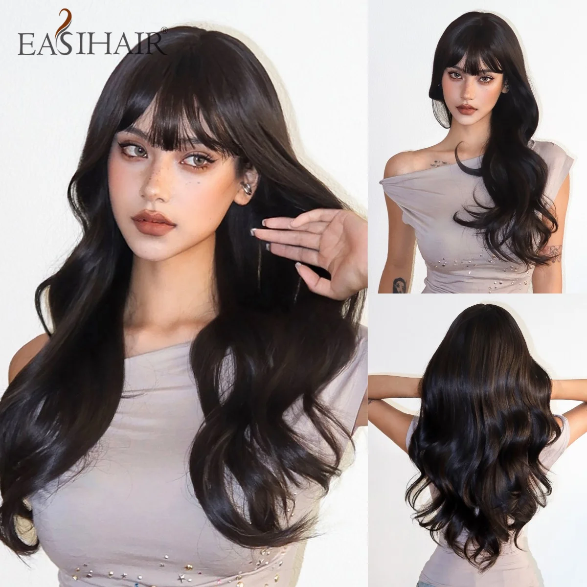 

EASIHAIR Synthetic Long Black Brown Wavy Wig with Bangs Natural Wave Women Hair Wigs for Cosplay Party Daily Use Heat Resistant