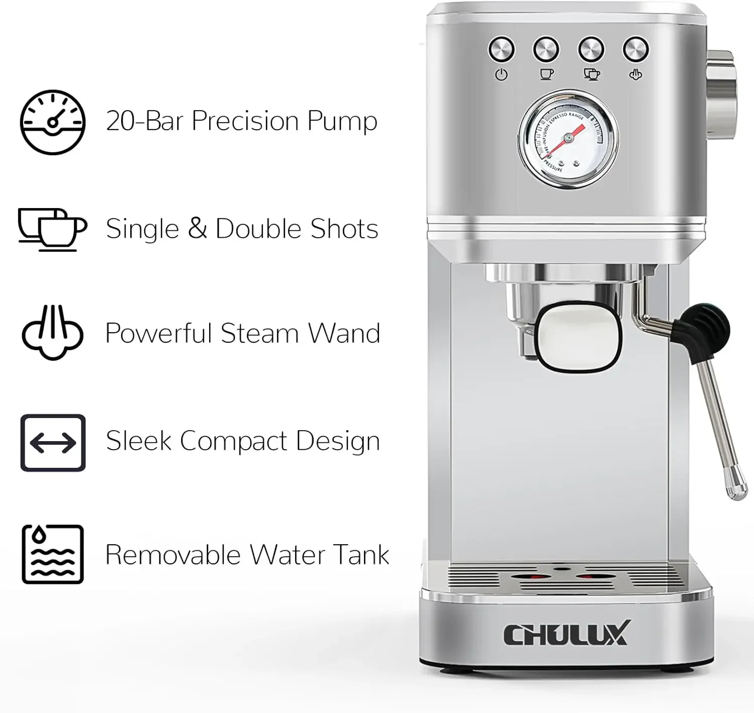 CHULUX Kompatto Espresso Machine 20 Bar with Coffee Distributor & Dosing Funnel, Semi Automatic Coffee Machine for Home