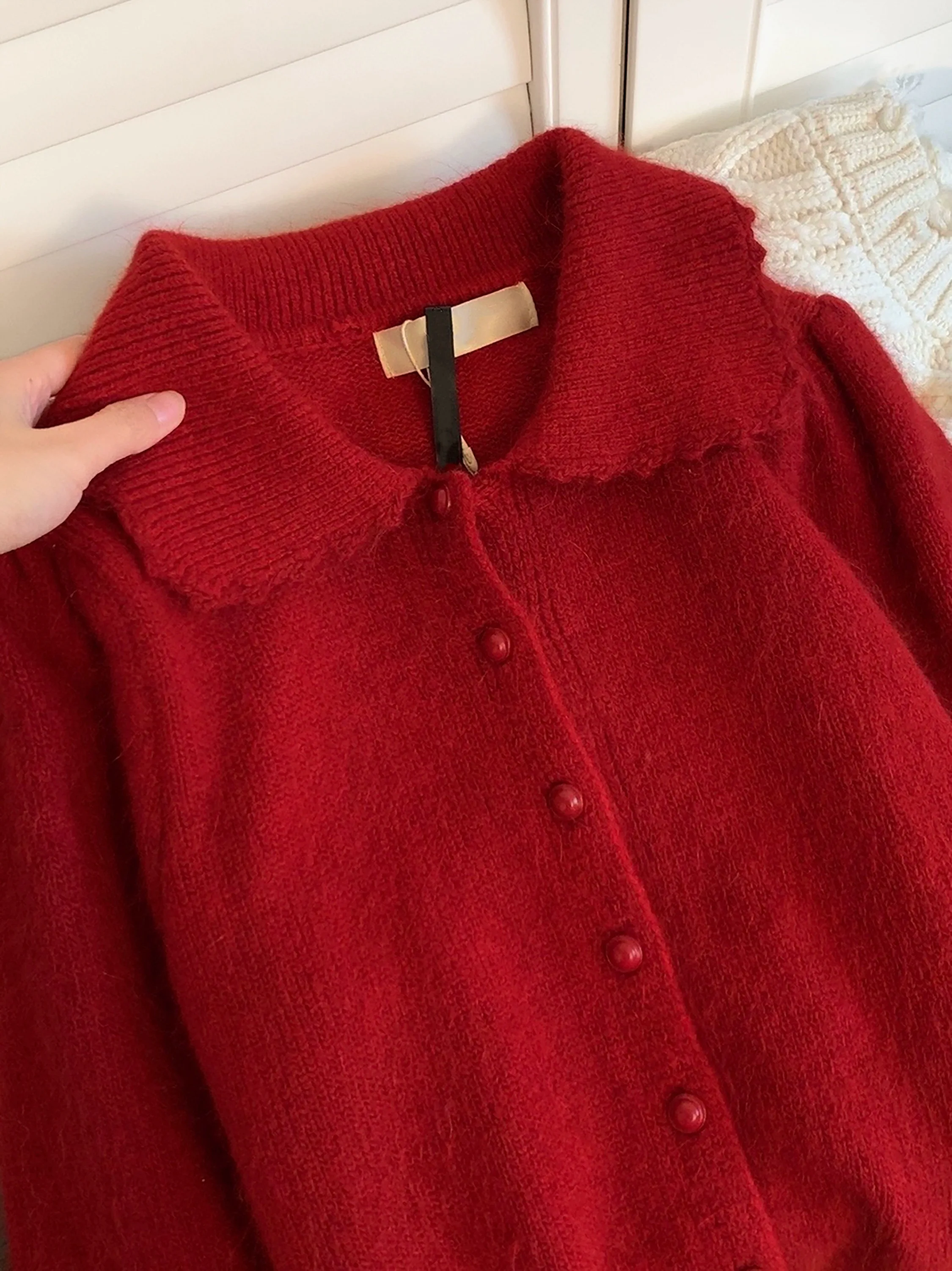 Sweater Coat Red Women's Short Lapel Cardigan Autumn and Winter Inner Wear Fashionable All-Match Loose Pure Color Thickened Warm