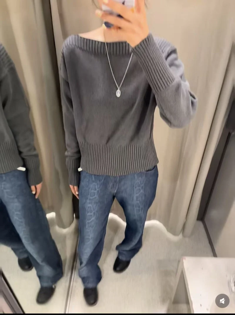 Etj outono 2025 nova moda feminina cor sólida gola solta manga longa malha design elegante sentir camisola