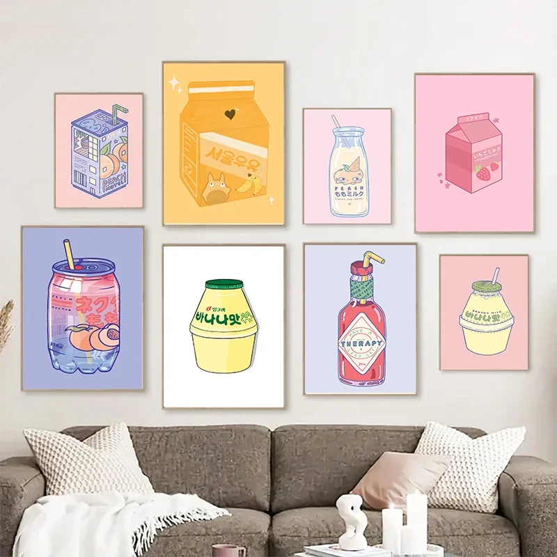 Cute Korean Milk Carton Juice Drink Cans Posters Print Canvas Painting Wall Art Pictures Nordic for Store Living Room Home De