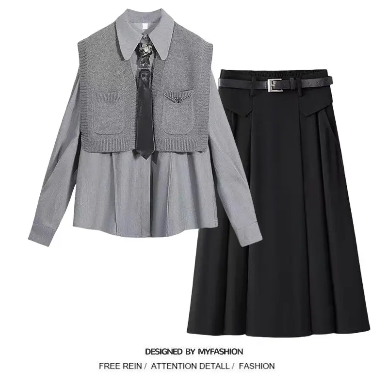 Women 2026 Spring/Autumn New In Matching Set Korean Elegant Long Sleeve Shirt+Knit Vest+Midi Skirt 3-Piece Suit Female Clothing - Image 2