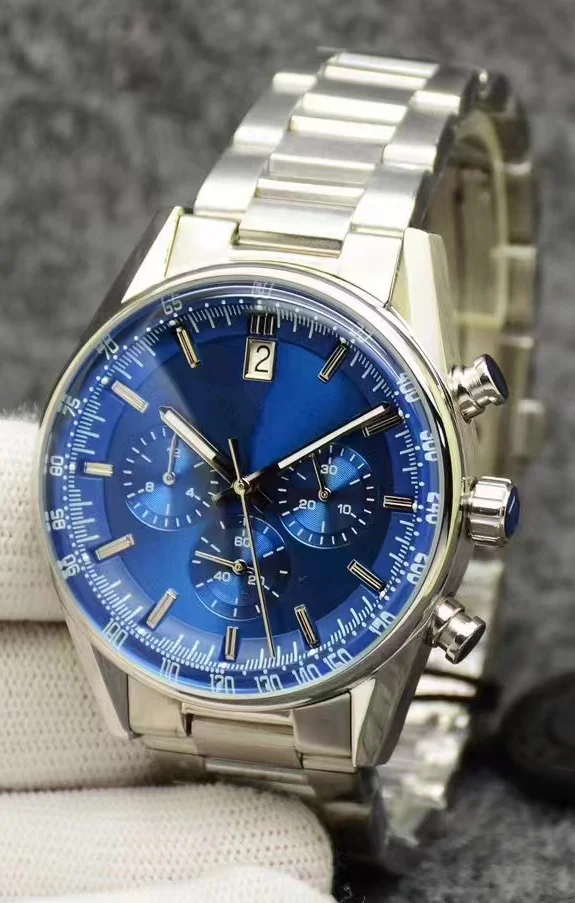 

Luxury New Men Quartz Chronograph VK63 Watch 904L Stainless Steel Black Blue Leather Sapphire Wristwatch 42mm