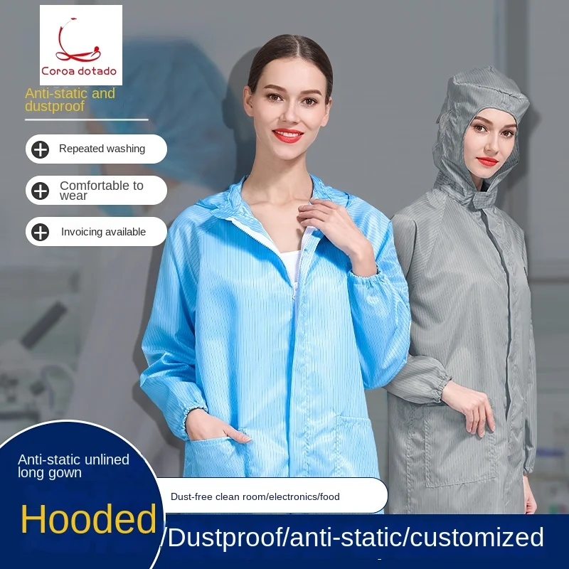 

Electrostatic gown dust-proof protective overalls with zipper factory workshop Foxconn clean coat with cap blue and white