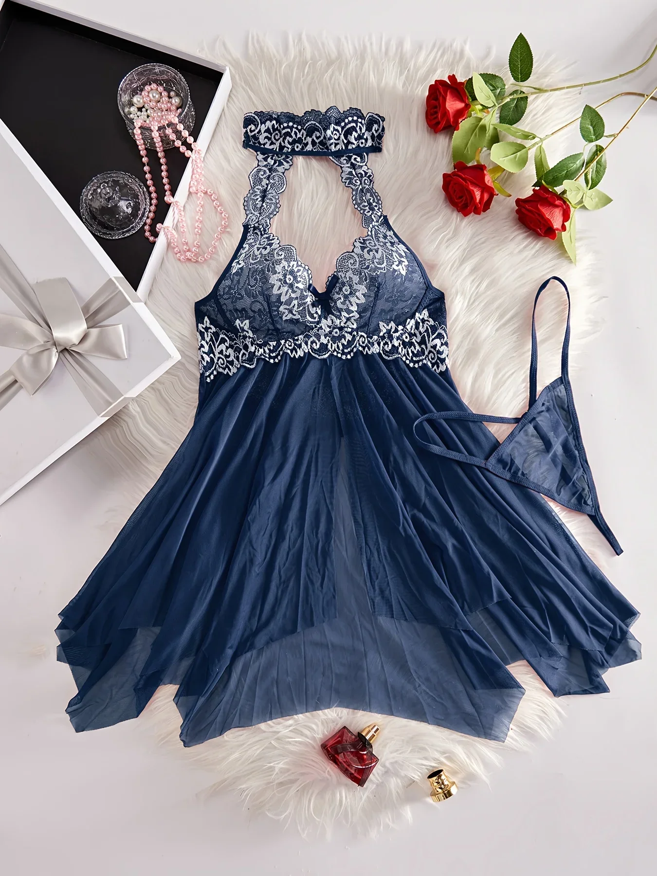 

Sexy Nightdress Lace Transparent Lingerie For Women Deep V SleepwearDeep V Backless Bow Slip Dress With Thong Women's Sleepwear
