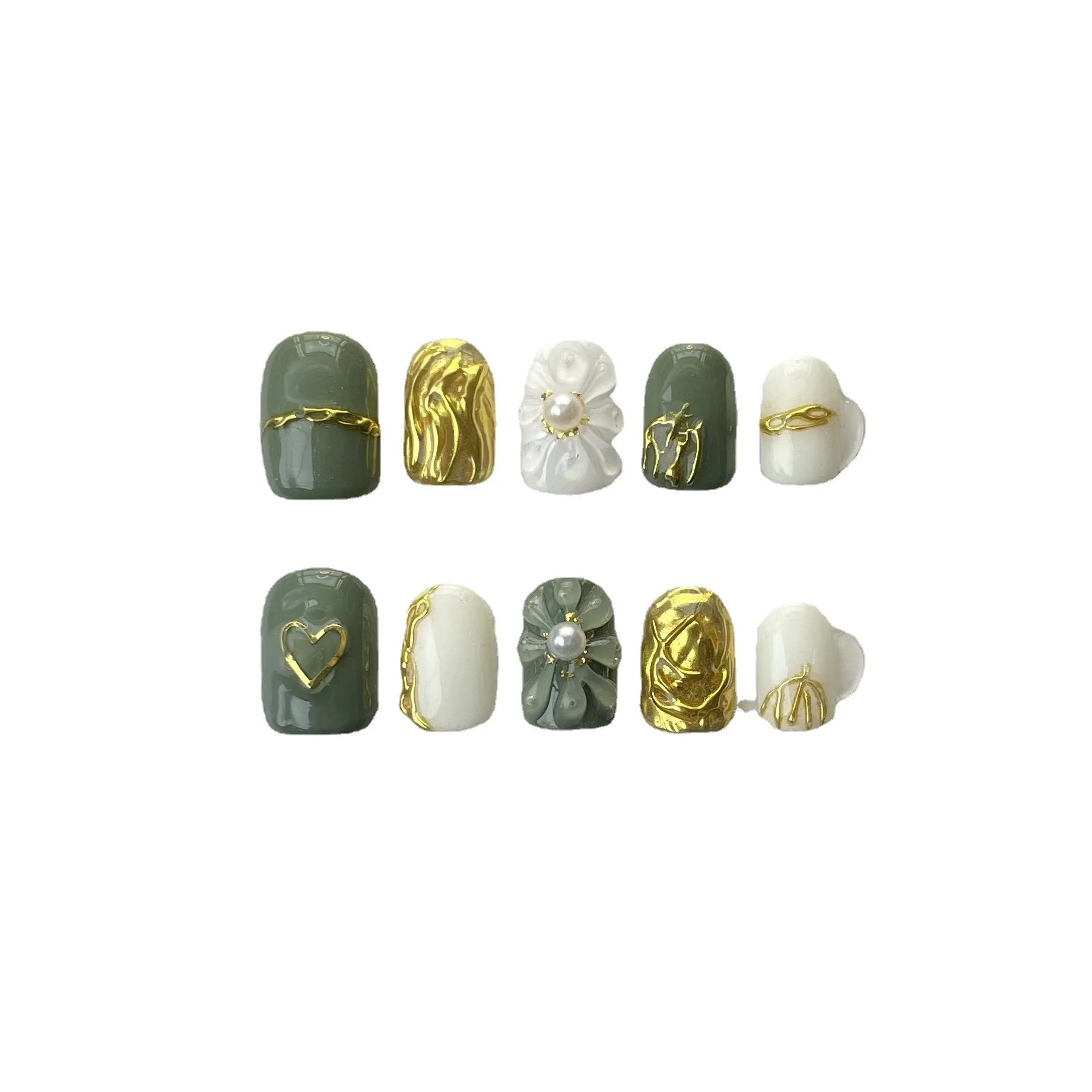 10 pcs Luxury Handmade Press on Nails Short Square Green Micro Carving Design with 4-PIECE Tool Adhesive Nail Glue Tabs