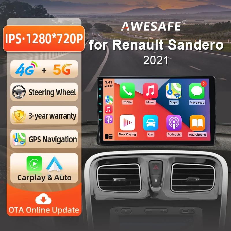 Autoradio Android AWESAFE 10 pouces pour Renault Sandero Dacia 2021 2022 2023, CarPlay et Android Auto sans fil, navigation GPS, support multimédia, commande au volant, amplificateur de subwoofer, caméra arrière avec CAN-BUS, prise EU, Plug and Play, autoradio numérique DAB+, autoradio 2DIN