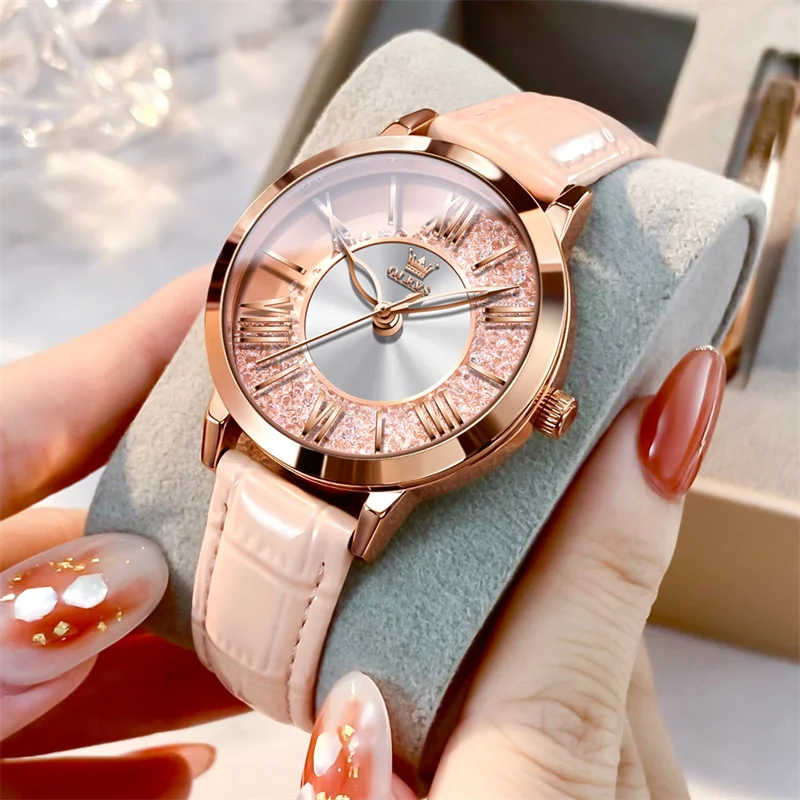 Fashion Bling Crystal Ladies Watch Rose Gold Case Pink Leather Strap Luxury Elegant Female Quartz Wristwatch Gift for Women ﻿