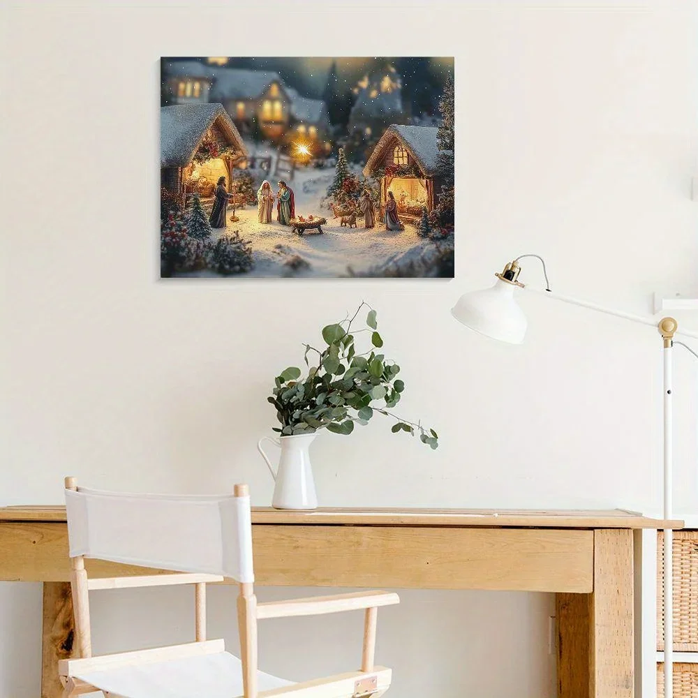 1PC Vintage Art Deco Poster, Religious Christmas Scene Wall Art Decoration Waterproof Canvas Suitable for Home Bedroom Framed