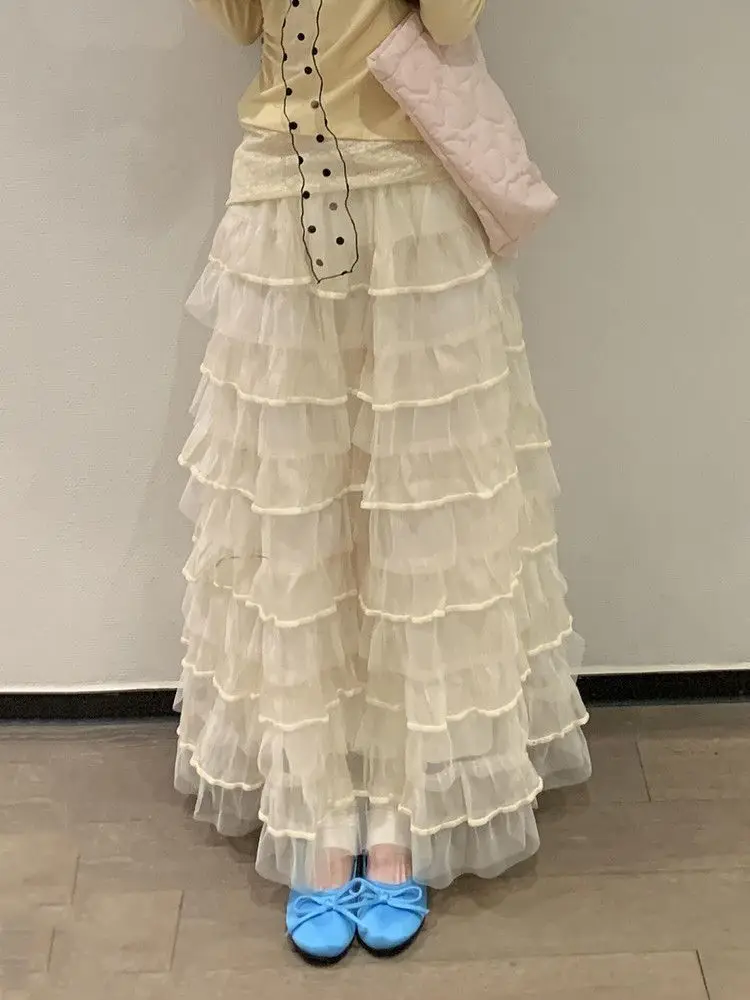 Sweet Style High Waist A-Line Cake Skirt Women's Spring Autumn New Model Polyester Mesh Layered Fluffy Skirt with Inner 