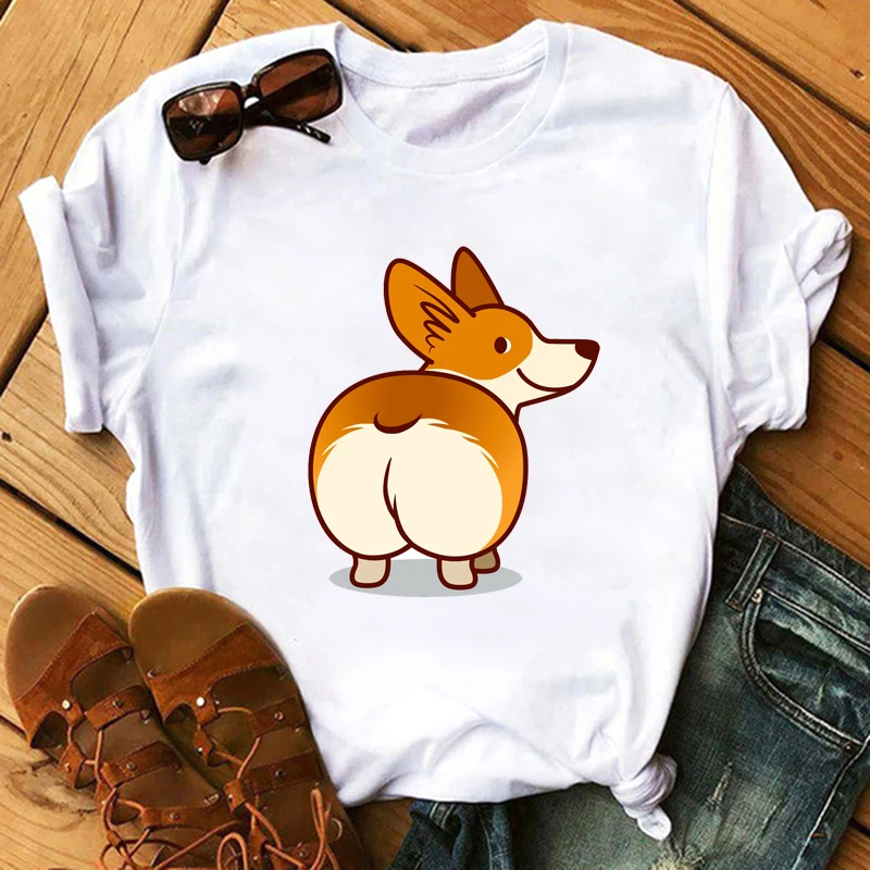 Funny Cute Corgi Dog Printed T-Shirt Harajuku 90s Kawaii Women Short Sleeves T Shirts Tops Graphic Tees Female Tshirt