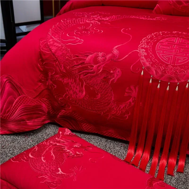 Loong Phoenix Embroidery Jacquard Satin Bedding Set Luxury Chinese Wedding Red Cotton Quilt/Duvet Cover Bed Sheet Pillowcases