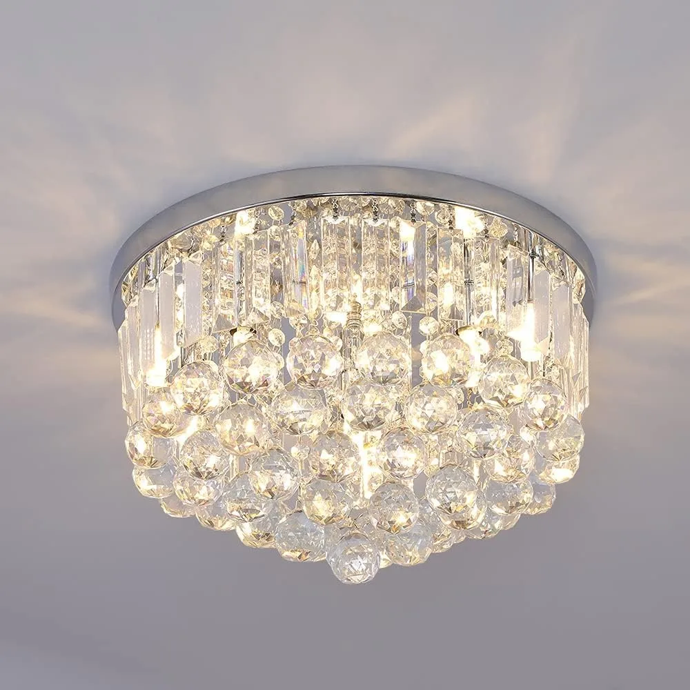 Modern K9 Crystal Raindrop Chandelier Lighting, Flush Mount G9 Base Ceiling Light Fixture Pendant Lamp for Dining Room Bedroom