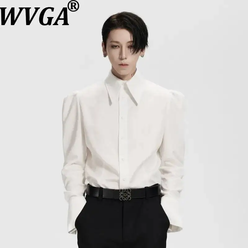 WVGA Spring Autumn New Men's Pointed Collar Regular Shoulder Puff Sleeve Shirts Niche Chic Casual Waist-cinching Tops Ins W26473