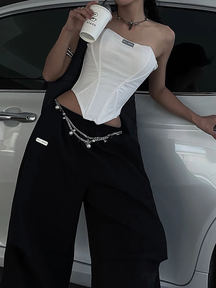 

Sisterlinda High Street Style Corset Tops Women Y2K Off Shoulder Backless Navel Exposed Irregular Hem Casual Simple Clothing