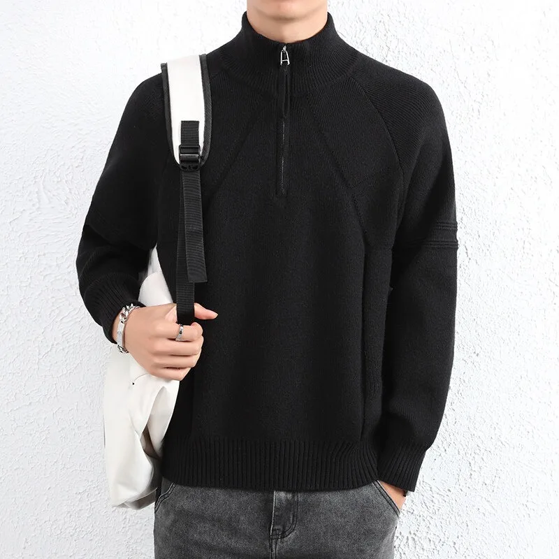 Gilet maglione a righe larghe Uomo Versione coreana popolare Colletto semi-alto Gilet da uomo eleganti Maglioni da uomo con cerniera per abiti da uomo
