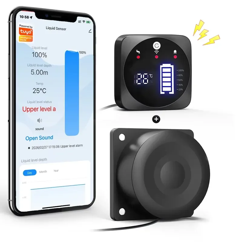 

WiFi RF433 Smart Water Level Sensor Tank Liquid Level Meter 5m Water Tank Alarm APP Remote Control