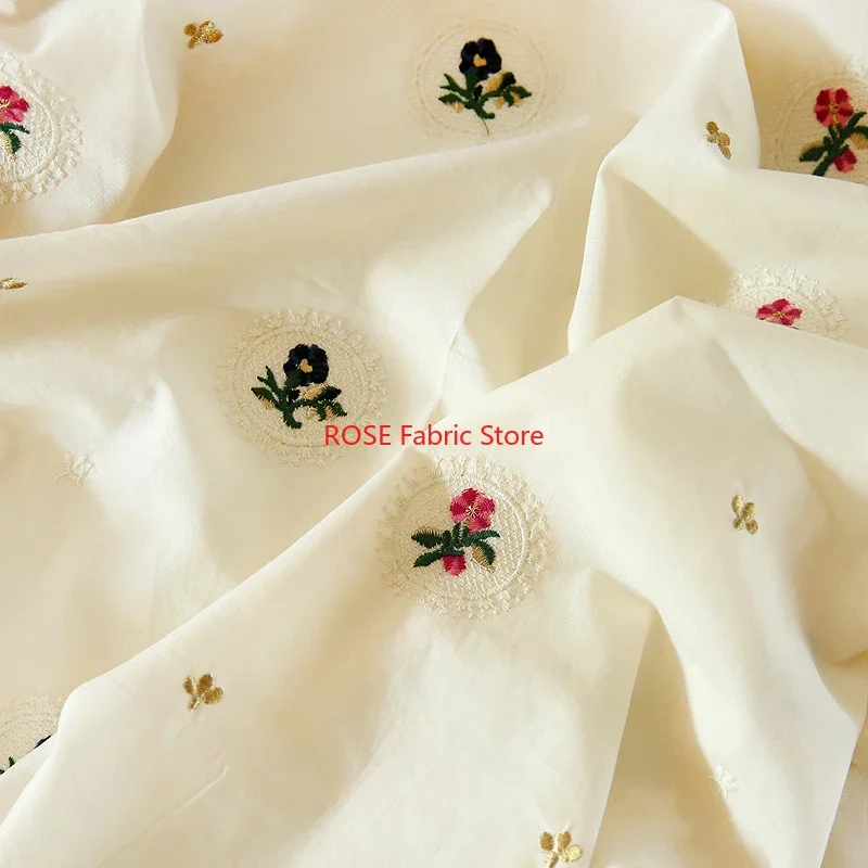 

Flower Gold Silk Embroidery Floral Cotton Fabric for Skirt, Bridal Dress, Summer Dress, blouse, tops, table cover